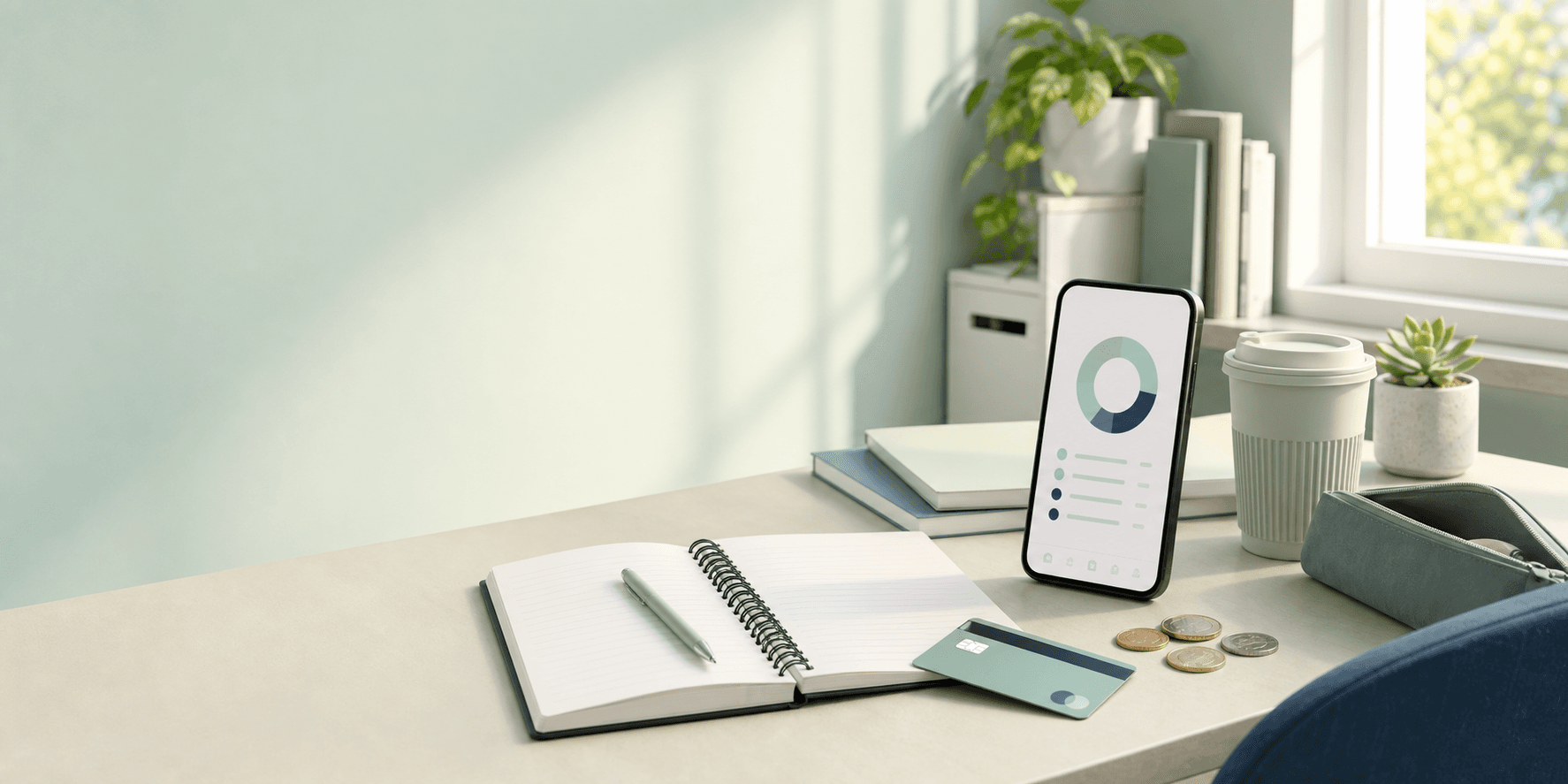 Desk with budgeting notes, a phone and money planning items